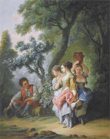 Nach François Boucher (1703 Paris – 1770 ebenda) , Schäferszene mit Burschen vor drei Frauen