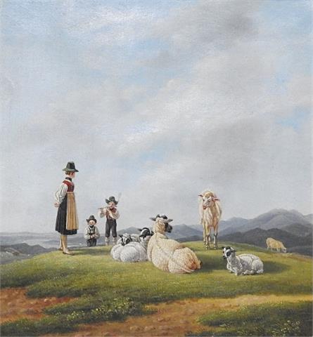 Wohl Wilhelm von Kobell Hirtin mit Schafsherde und zwei Kindern