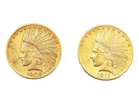 Zwei Goldmünzen mit Eagle Kopf