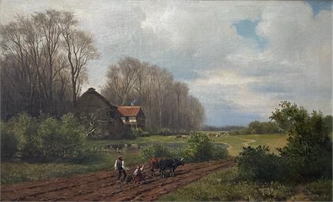 Friedrich Sommer (1830 Lübeck - 1867 Schwartau), Frühlingslandschaft mit pflügendem Bauern
