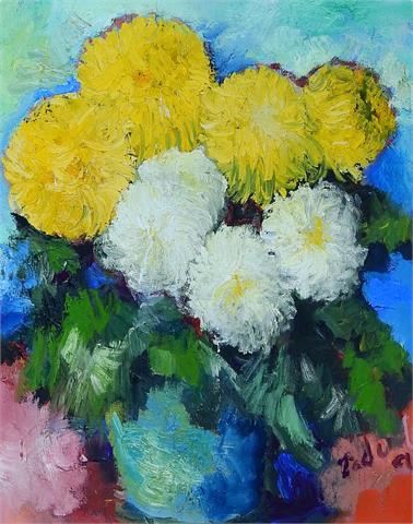 Paul Mathias Padua (1903 Salzburg – 1981 Rottach-Egern), Blumenstilleben mit gelben und weißen Chrysanthemen