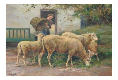 Johann Daniel Holz (1867 Bremen – 1945 Fürstenfeldbruck), Frau beim Schafe füttern