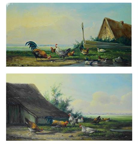 Joseph Koch (1886-1966), Zwei Gemälde mit Hühnern vor einem Gehöft