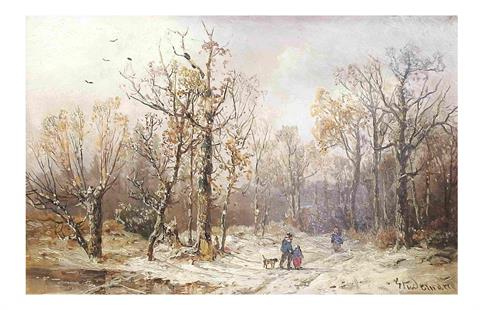 Adolf Stademann (1824 München - 1895 ebenda), Winterlicher Laubwald mit Spaziergängern