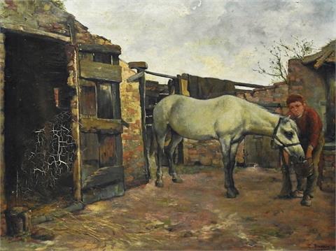 S. Breunig, Junge mit Pferd vor einem Stall