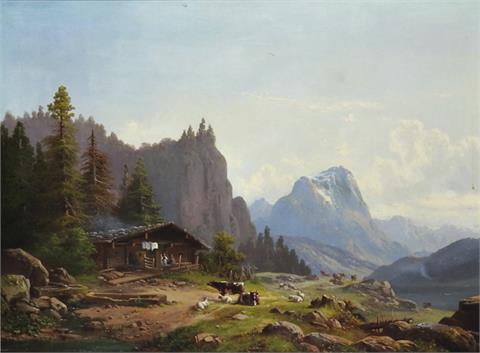 Anton Doll (1826 München – 1887 ebenda), Hochgebirgslandschaft mit Almhütte am See