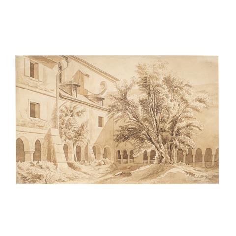 Zeichnung eines Klosterinnenhofes