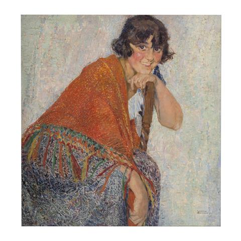 Siegfried Stoitzner (1892 Wien - 1976 Krems), Lächelnde Dame mit rotem Schultertuch