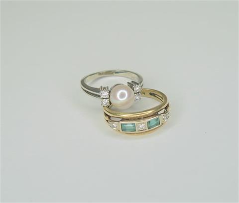 Paar Perlen-Diamant-Farbstein-Ringe