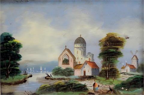 Seelandschaft mit Kirche und Windmühle