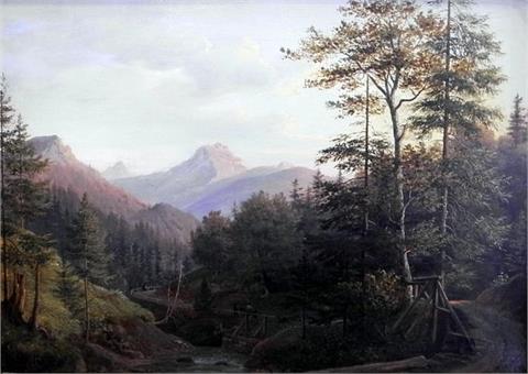 Waldstück mit Blick auf Gebirge