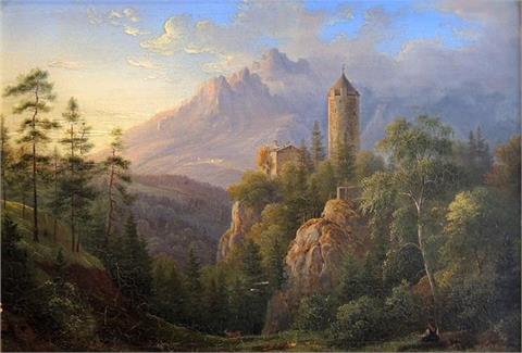 Mittelalterliche Burg vor entferntem Gebirge
