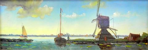 Harmonisches Seestück mit Mühle und Segelbooten