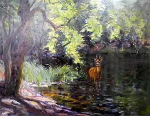 Impressionistisches Waldstück mit badendem Rehbock
