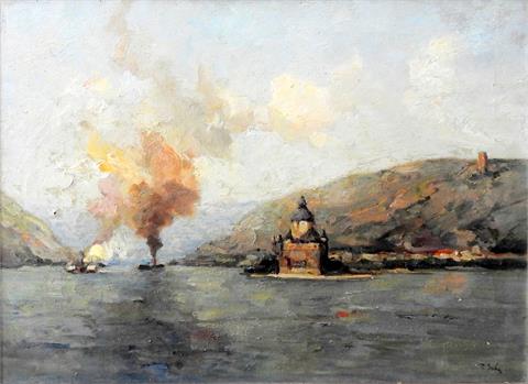 Dampfschiffe auf einem Fluss vor Hafenstadt