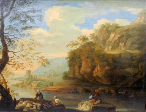 Altmeisterliches Gemälde mit Fischern und Wanderern