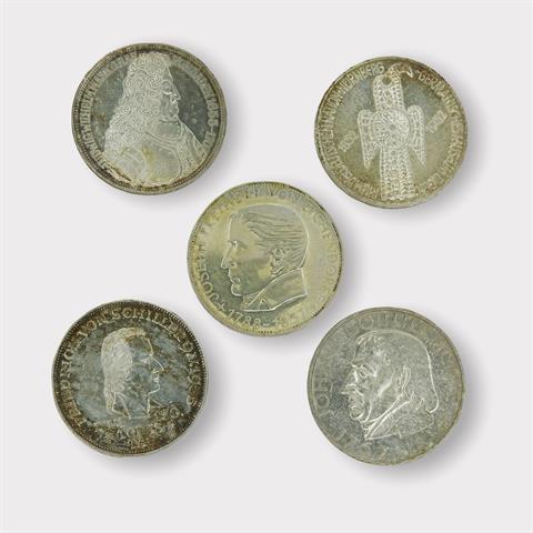 Konvolut von fünf Silbermünzen Deutschland